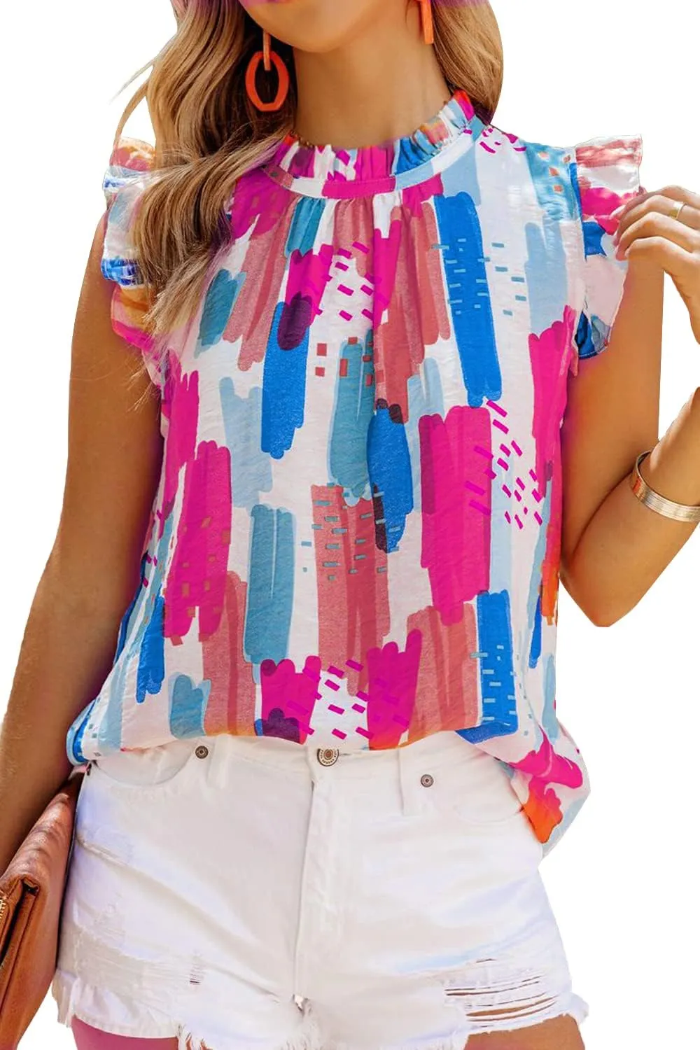 Allimy Women Summer Ruffle Trim Neckline Tank Tops Double Lined Chiffon Blouses