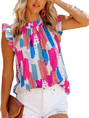 Allimy Women Summer Ruffle Trim Neckline Tank Tops Double Lined Chiffon Blouses