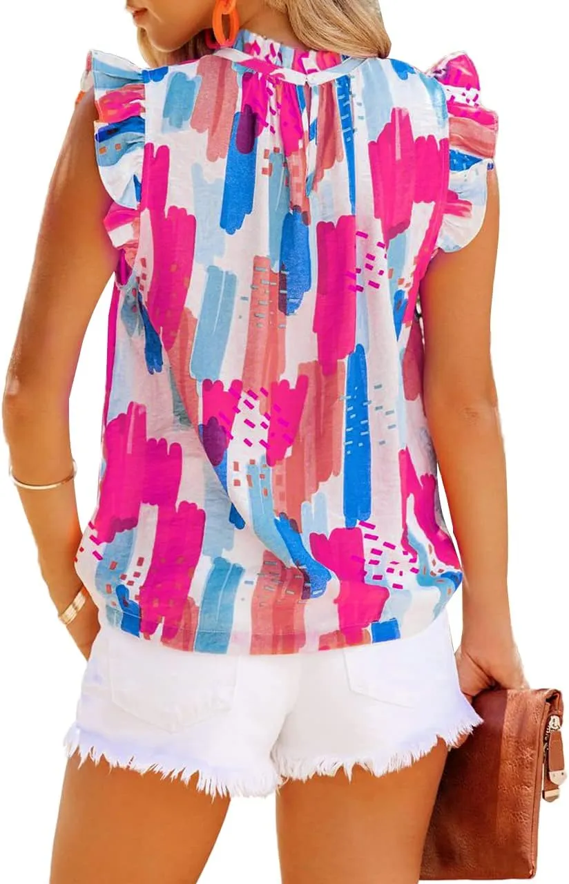 Allimy Women Summer Ruffle Trim Neckline Tank Tops Double Lined Chiffon Blouses