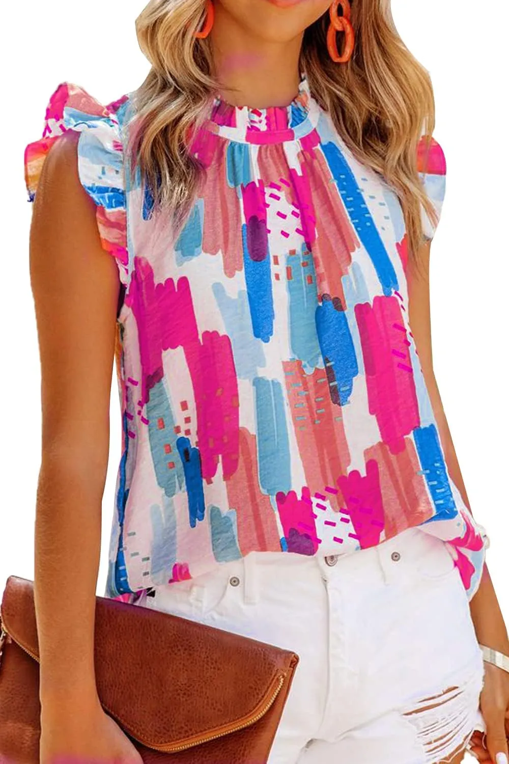 Allimy Women Summer Ruffle Trim Neckline Tank Tops Double Lined Chiffon Blouses