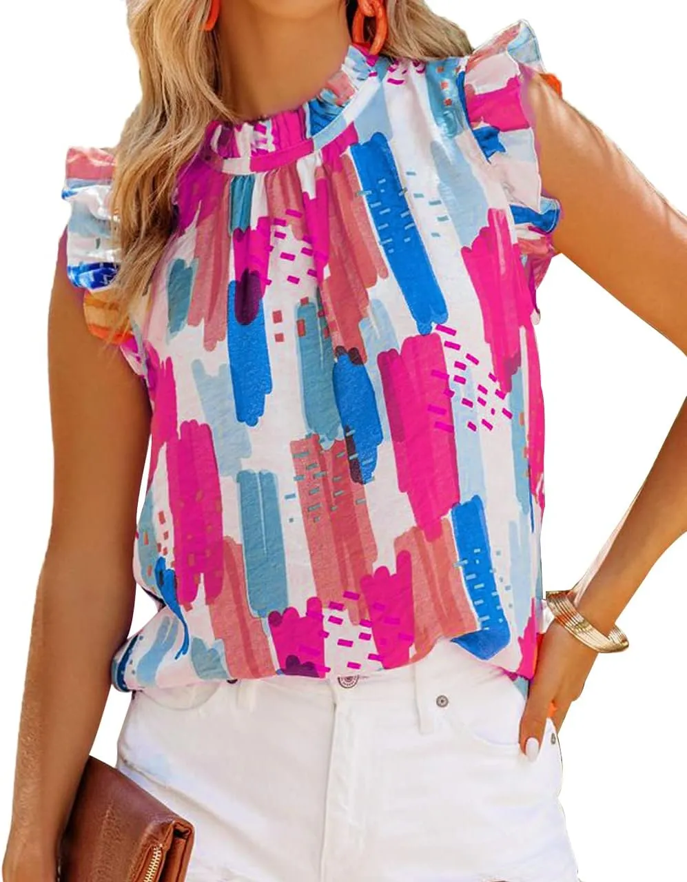 Allimy Women Summer Ruffle Trim Neckline Tank Tops Double Lined Chiffon Blouses
