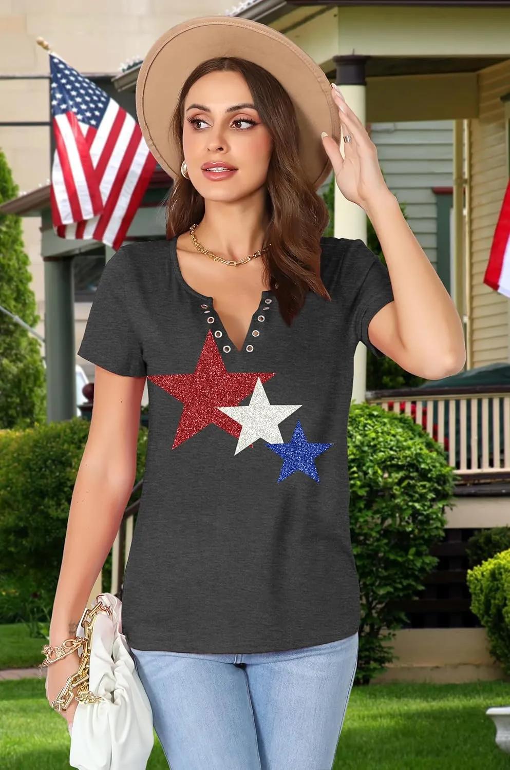 American Flag Shirt Tops Womens 4th of July T-Shirts Ring Hole Short Sleeve Sexy V-Neck Patriotic Tees