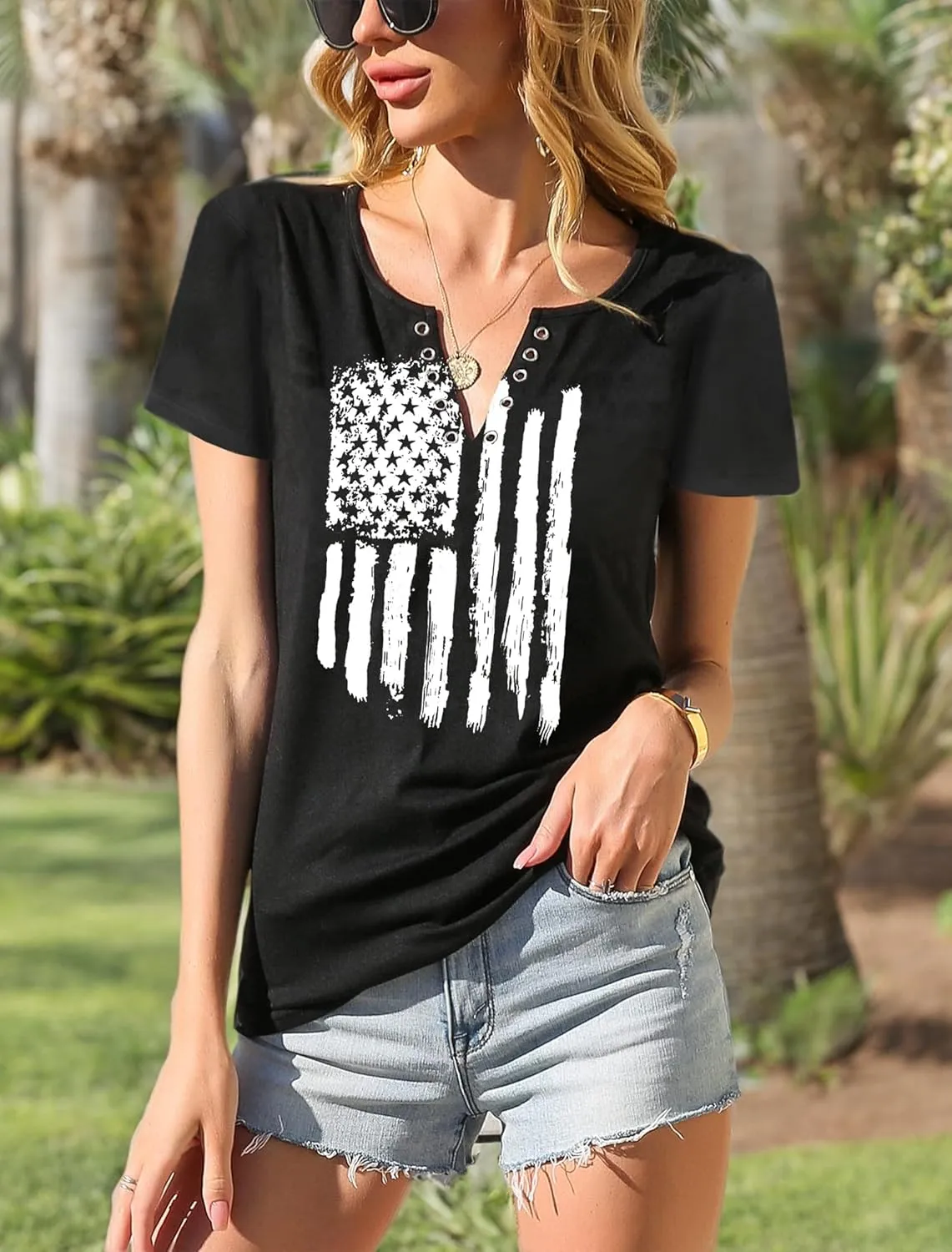 American Flag Shirt Tops Womens 4th of July T-Shirts Ring Hole Short Sleeve Sexy V-Neck Patriotic Tees