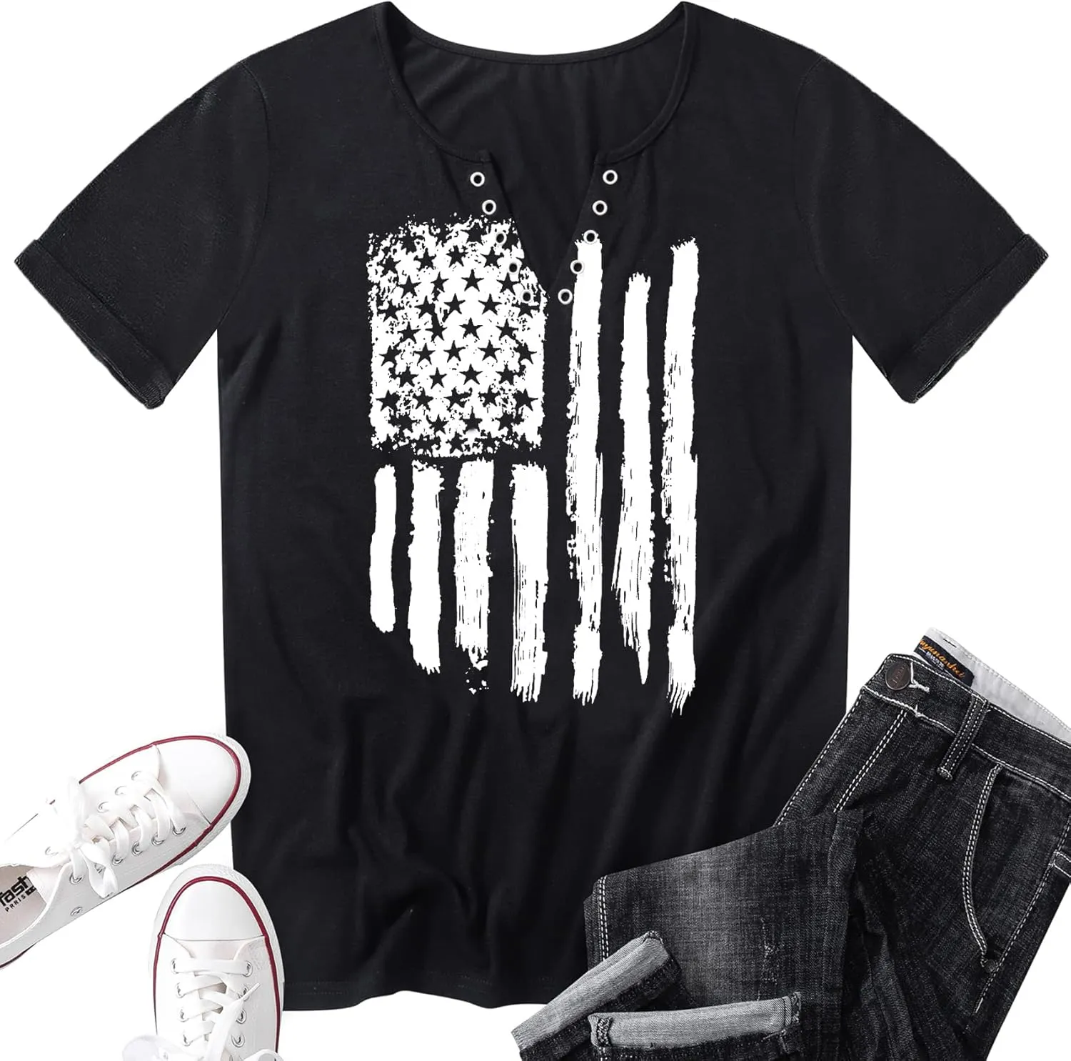 American Flag Shirt Tops Womens 4th of July T-Shirts Ring Hole Short Sleeve Sexy V-Neck Patriotic Tees