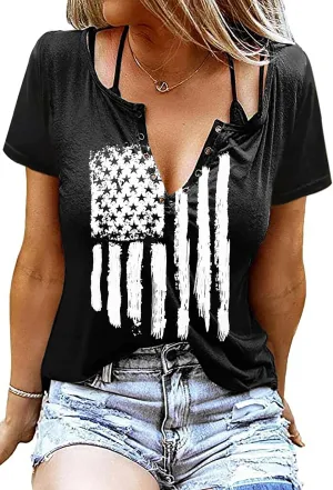 American Flag Shirt Tops Womens 4th of July T-Shirts Ring Hole Short Sleeve Sexy V-Neck Patriotic Tees