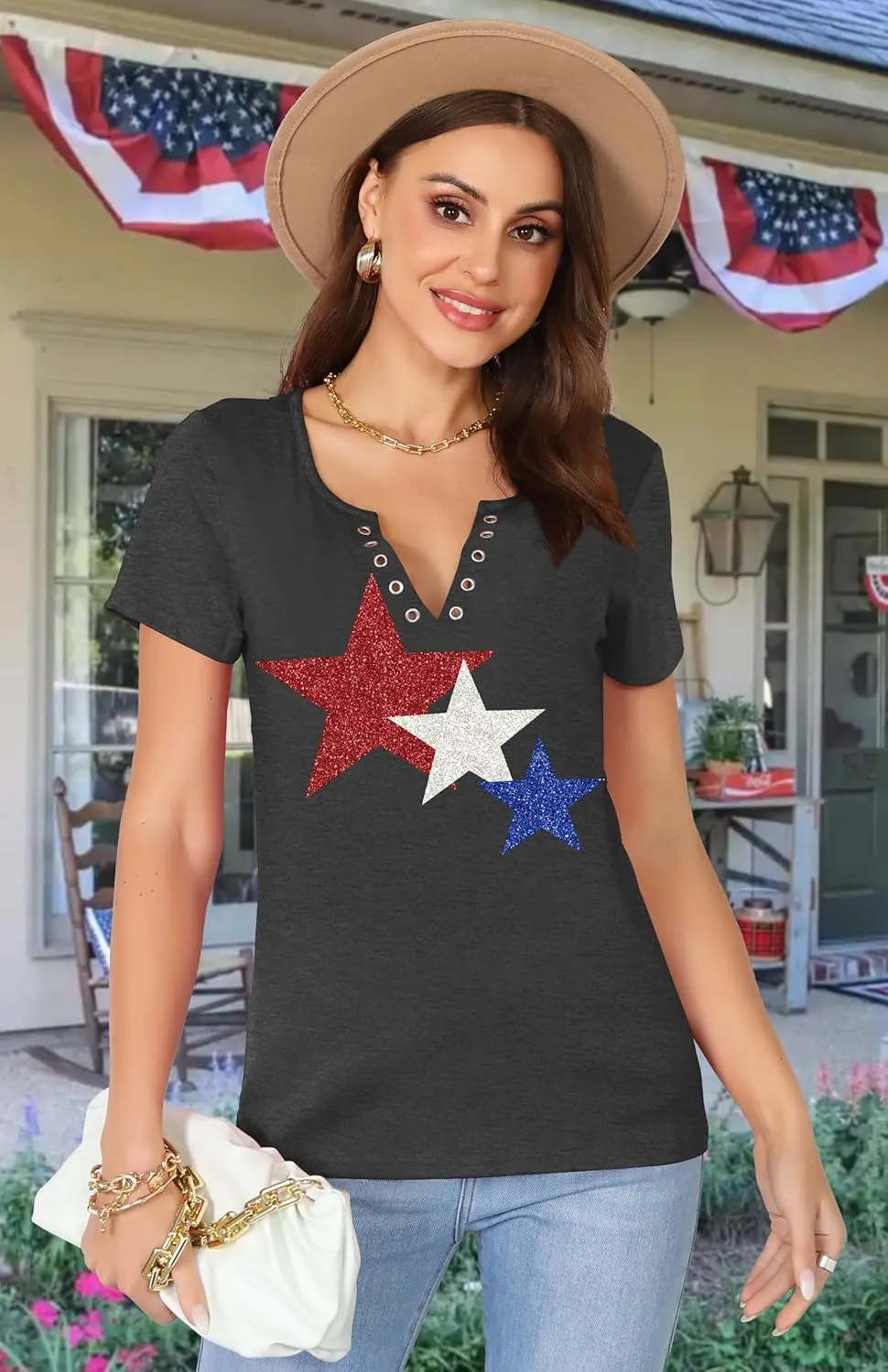 American Flag Shirt Tops Womens 4th of July T-Shirts Ring Hole Short Sleeve Sexy V-Neck Patriotic Tees