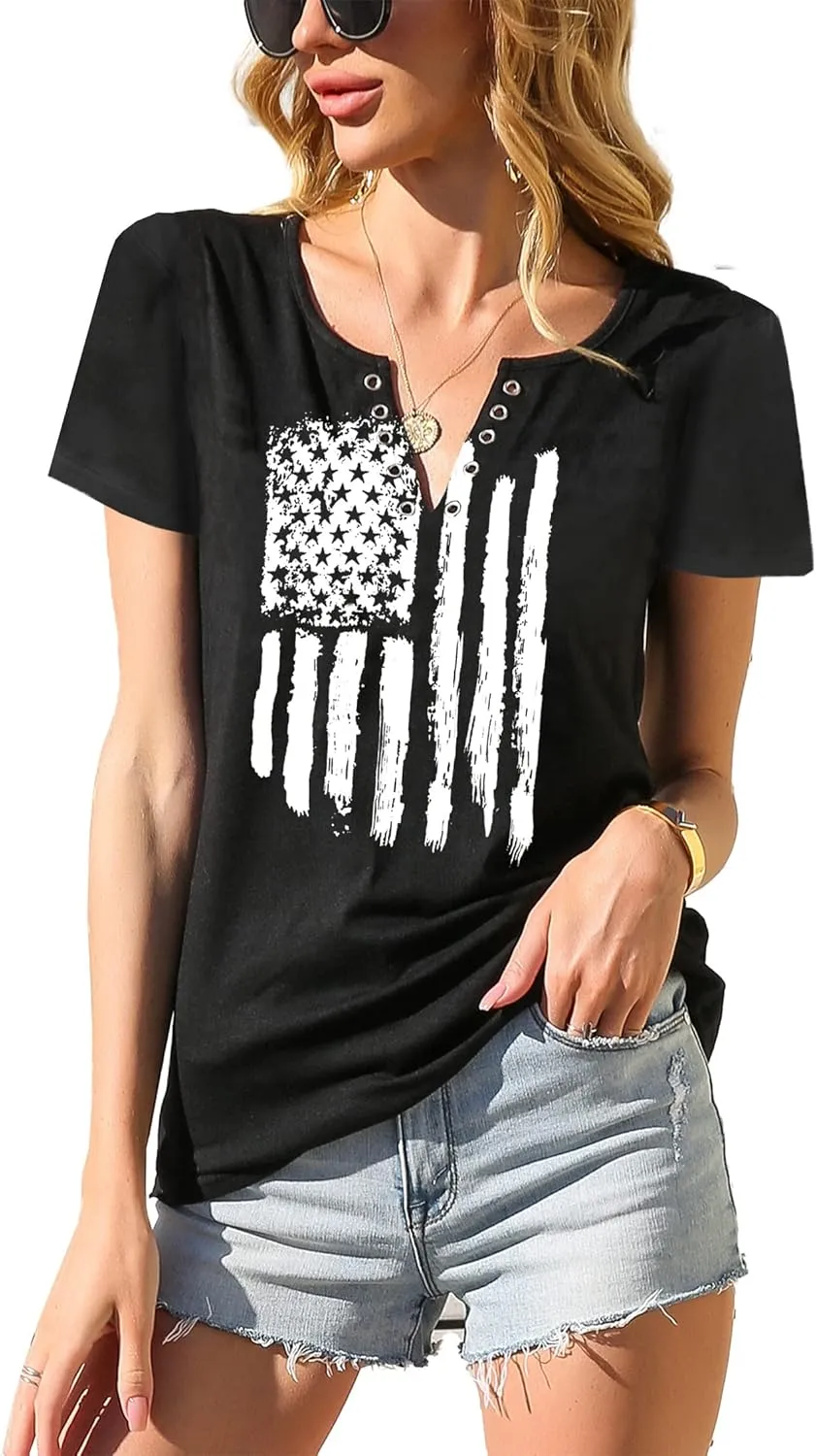 American Flag Shirt Tops Womens 4th of July T-Shirts Ring Hole Short Sleeve Sexy V-Neck Patriotic Tees