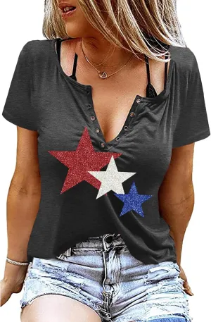 American Flag Shirt Tops Womens 4th of July T-Shirts Ring Hole Short Sleeve Sexy V-Neck Patriotic Tees