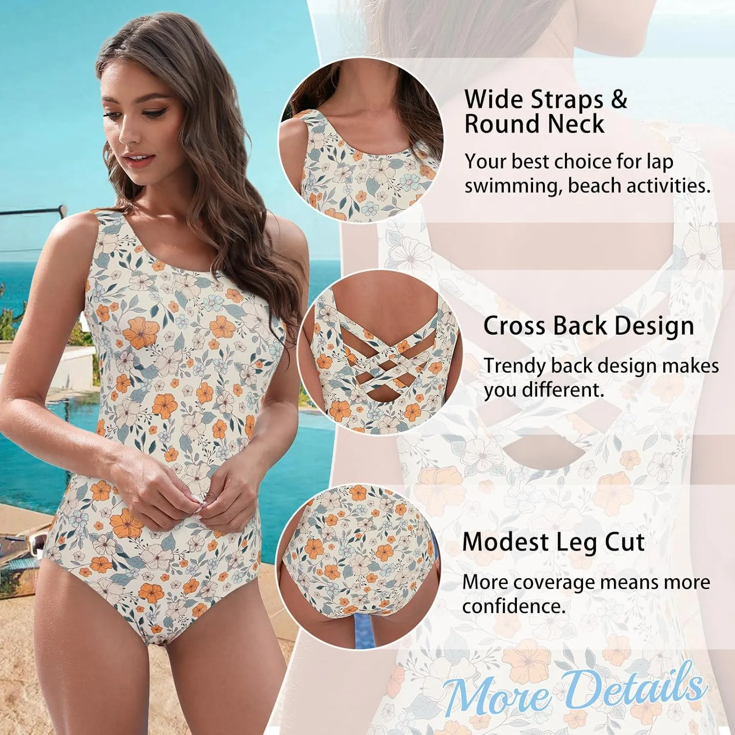 American Trends One Piece Swimsuit Women Modest Bathing Suit Teen Girls Swim Suit Full Coverage Swimsuit Criss Cross Back