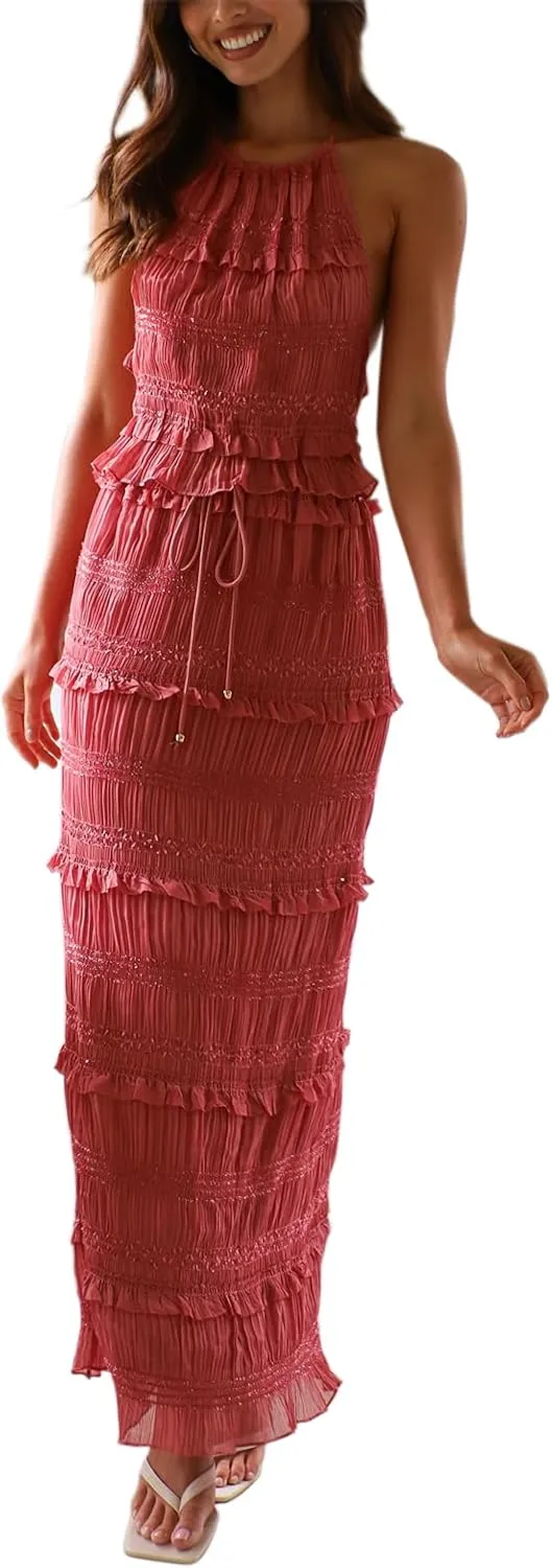 Amiblvowa Women Y2k 2 Piece Maxi Skirt Set Backless Smocked Lace Halter Crop Top Tiered Flowy Long Skirt Club Streetwear