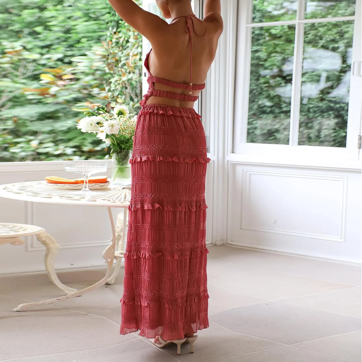 Amiblvowa Women Y2k 2 Piece Maxi Skirt Set Backless Smocked Lace Halter Crop Top Tiered Flowy Long Skirt Club Streetwear