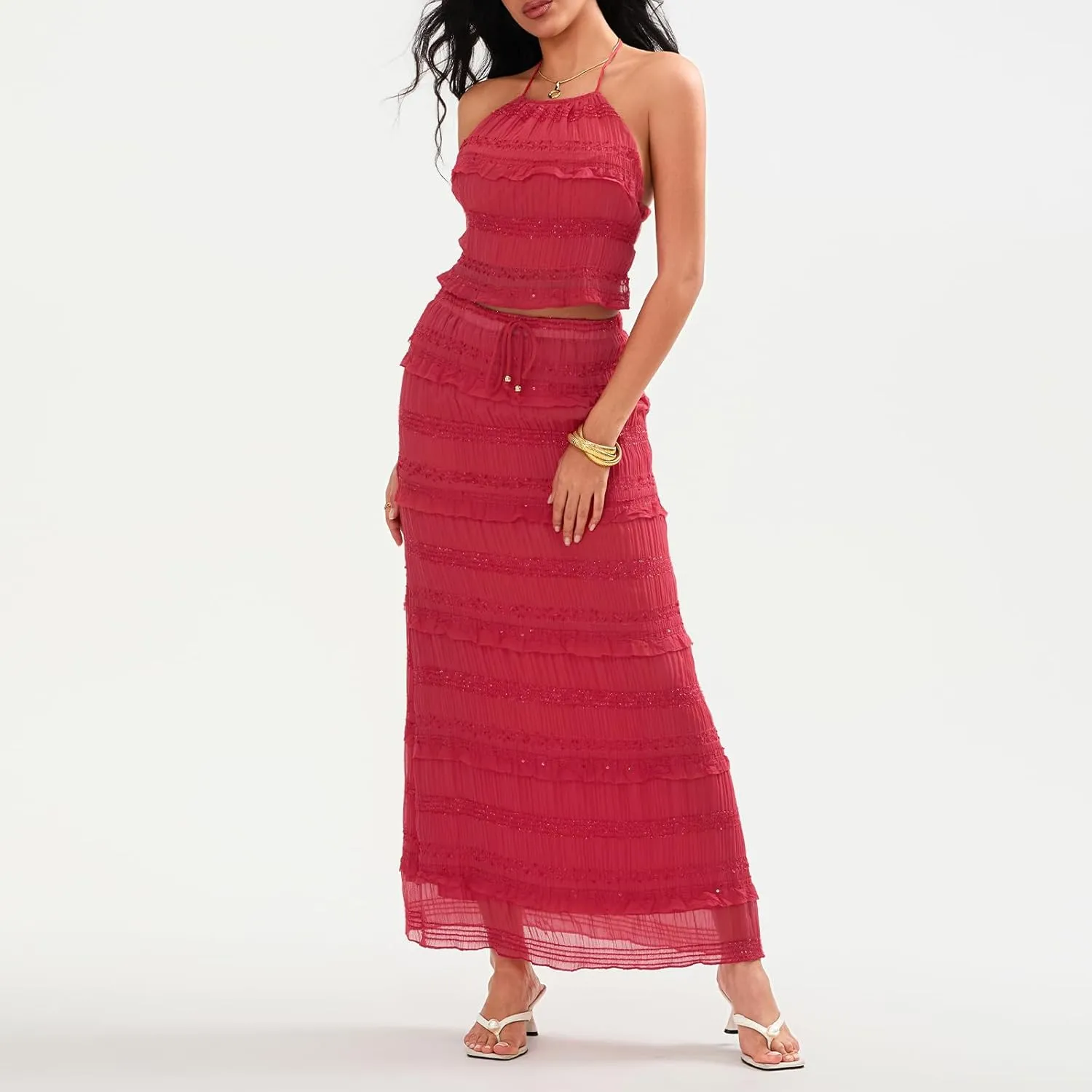 Amiblvowa Women Y2k 2 Piece Maxi Skirt Set Backless Smocked Lace Halter Crop Top Tiered Flowy Long Skirt Club Streetwear