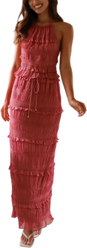 Amiblvowa Women Y2k 2 Piece Maxi Skirt Set Backless Smocked Lace Halter Crop Top Tiered Flowy Long Skirt Club Streetwear