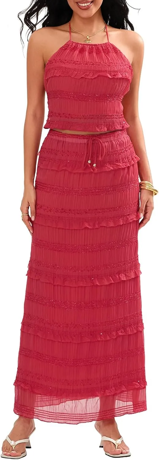 Amiblvowa Women Y2k 2 Piece Maxi Skirt Set Backless Smocked Lace Halter Crop Top Tiered Flowy Long Skirt Club Streetwear