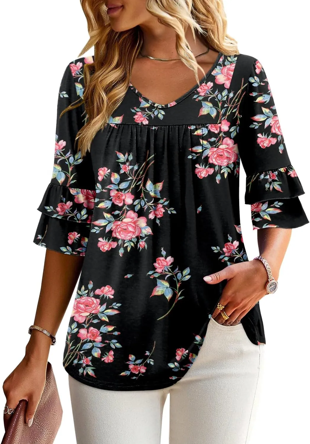 Angerella 3/4 Length Sleeve Womens Tops Dressy Casual Blouses Loose Fit Tunic Tops V Neck T Shirts Spring Summer Outfits