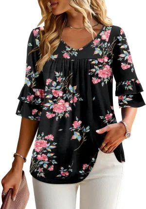 Angerella 3/4 Length Sleeve Womens Tops Dressy Casual Blouses Loose Fit Tunic Tops V Neck T Shirts Spring Summer Outfits