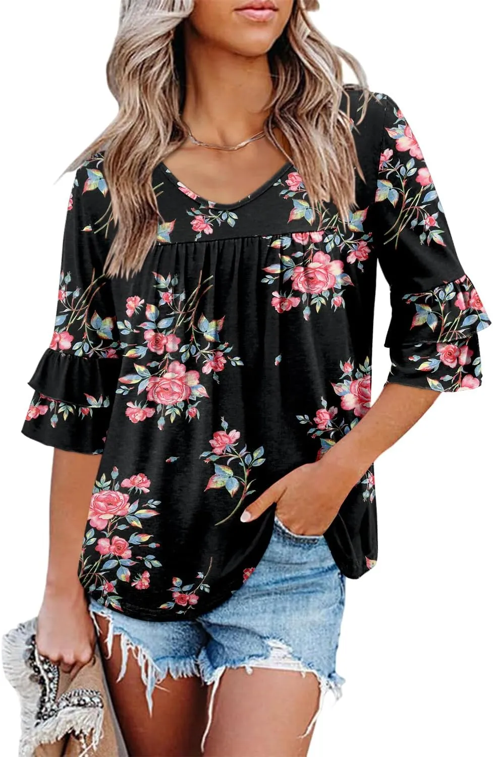 Angerella 3/4 Length Sleeve Womens Tops Dressy Casual Blouses Loose Fit Tunic Tops V Neck T Shirts Spring Summer Outfits