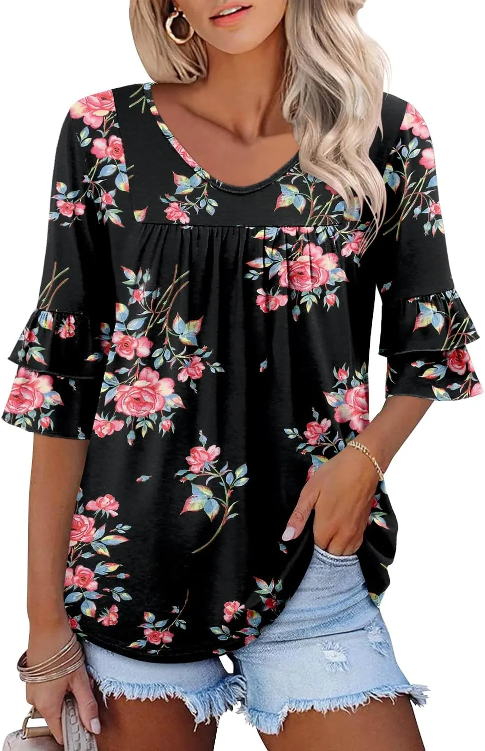 Angerella 3/4 Length Sleeve Womens Tops Dressy Casual Blouses Loose Fit Tunic Tops V Neck T Shirts Spring Summer Outfits