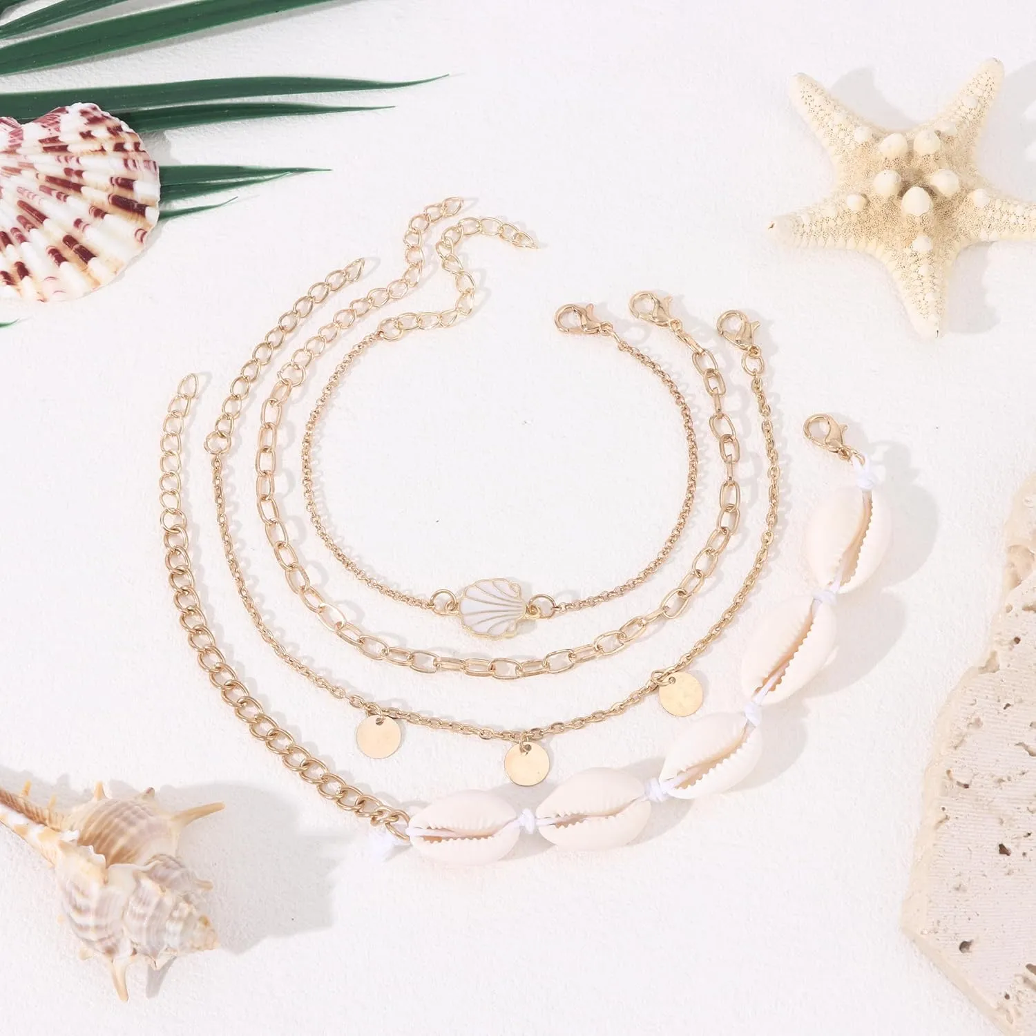Ankle Bracelets for Women 14K Gold Plated Anklet Set Adjustable Layered Waterproof Ankle Bracelet Sea Shell Figaro Mirror Chain Summer Beach Foot Jewelry Gift