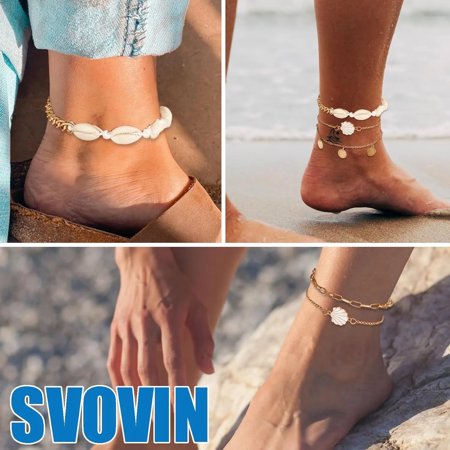 Ankle Bracelets for Women 14K Gold Plated Anklet Set Adjustable Layered Waterproof Ankle Bracelet Sea Shell Figaro Mirror Chain Summer Beach Foot Jewelry Gift