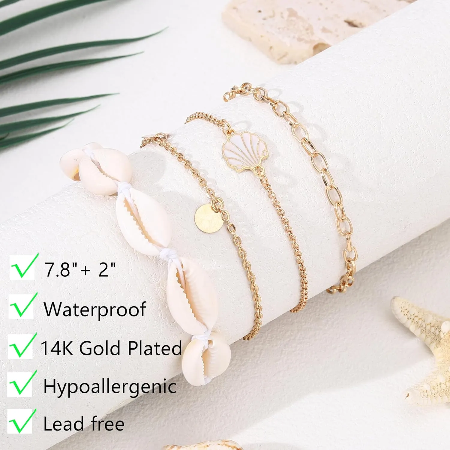 Ankle Bracelets for Women 14K Gold Plated Anklet Set Adjustable Layered Waterproof Ankle Bracelet Sea Shell Figaro Mirror Chain Summer Beach Foot Jewelry Gift