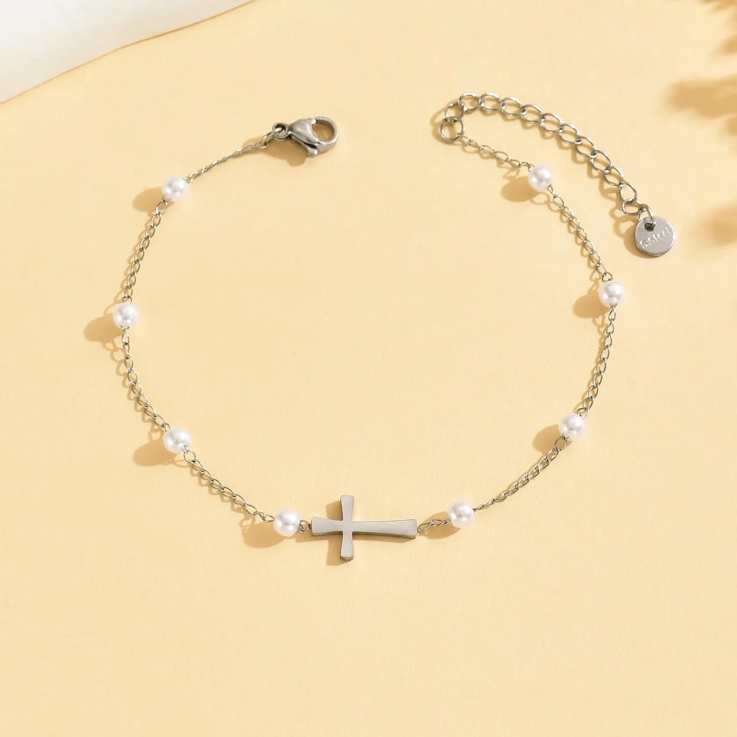 Ankle Bracelets for Women 18K Gold Plated Dainty Waterproof Cross Anklets Pearl Beaded Link Chain Anklet for Women Non Tarnish Summer Beach Foot Jewelry