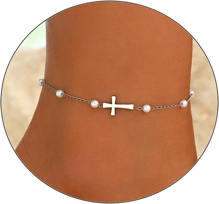 Ankle Bracelets for Women 18K Gold Plated Dainty Waterproof Cross Anklets Pearl Beaded Link Chain Anklet for Women Non Tarnish Summer Beach Foot Jewelry