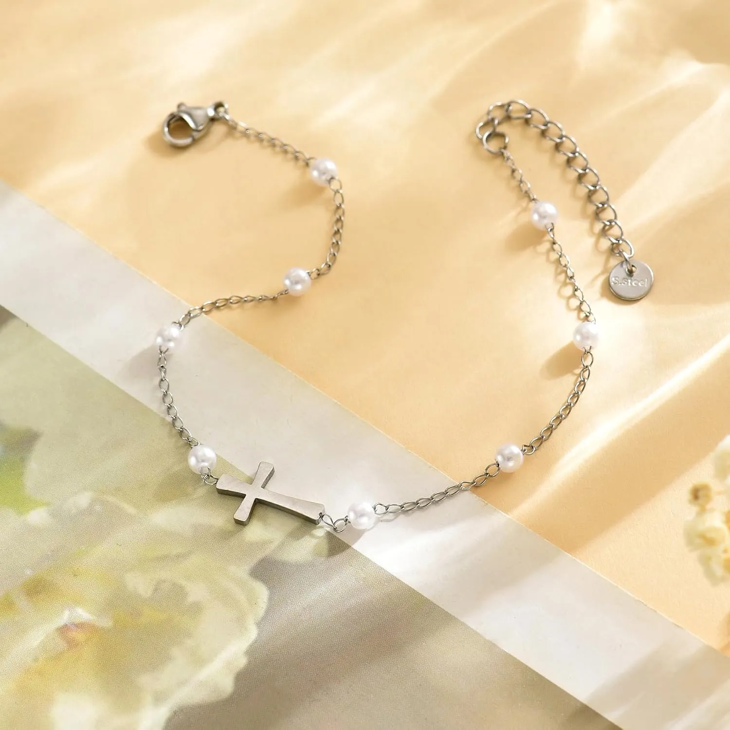 Ankle Bracelets for Women 18K Gold Plated Dainty Waterproof Cross Anklets Pearl Beaded Link Chain Anklet for Women Non Tarnish Summer Beach Foot Jewelry