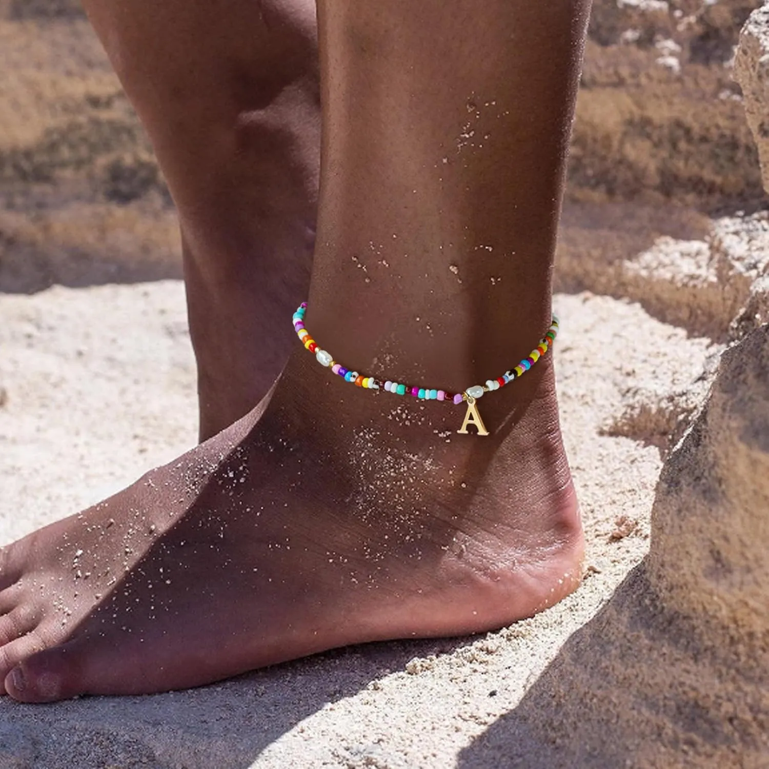 Ankle Bracelets for Women - Cute Pearl Beads Anklets for Women Waterproof Gold, Initial Colorful Boho Beaded Non Tarnish Foot Chain Anklet | Summer Colorful Jewelry Gift