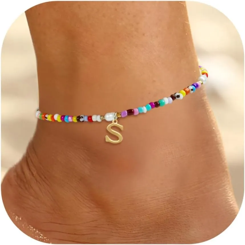 Ankle Bracelets for Women - Cute Pearl Beads Anklets for Women Waterproof Gold, Initial Colorful Boho Beaded Non Tarnish Foot Chain Anklet | Summer Colorful Jewelry Gift