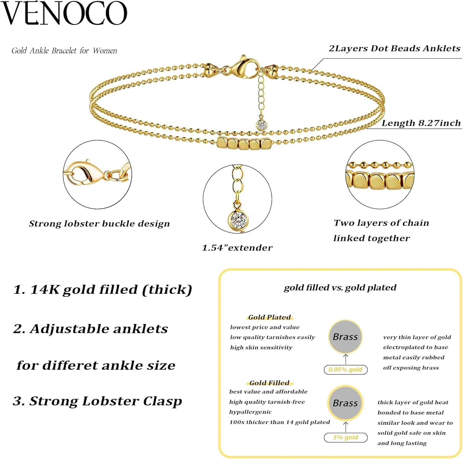 Anklet for Women 14K Gold Plated Ankle Bracelets Silver Anklet Waterproof Pearl Cubic Zirconia Rhinestone Heart Beads Herringbone Cuba Link Chain Anklets Dainty Jewelry