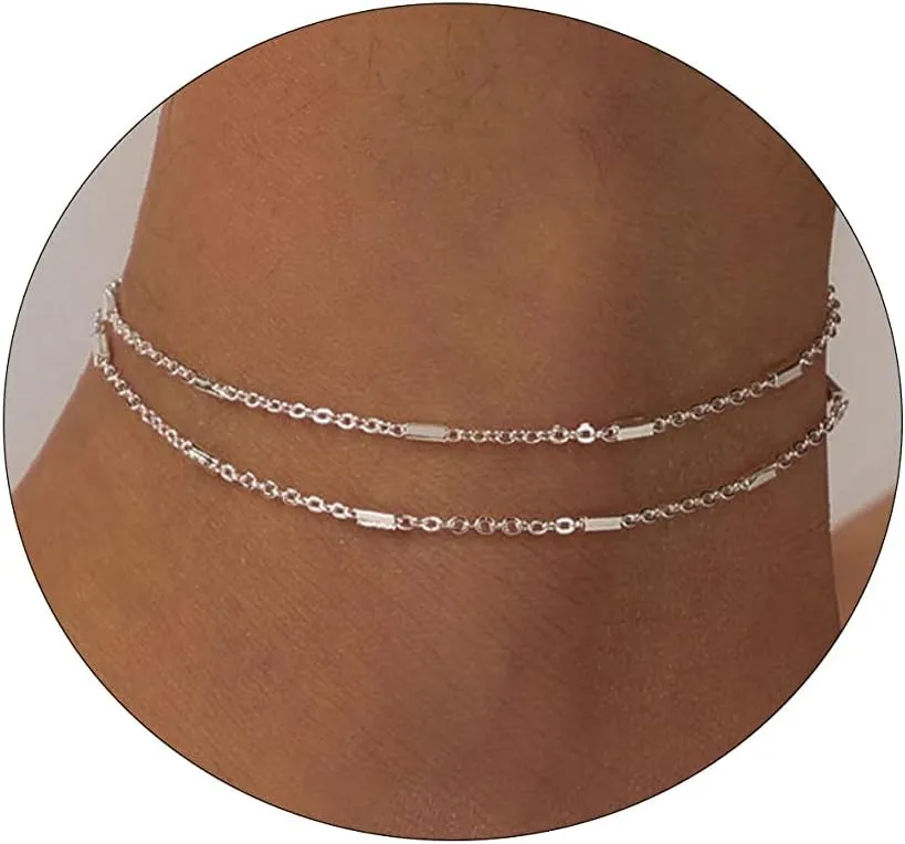 Anklet for Women 14K Gold Plated Ankle Bracelets Silver Anklet Waterproof Pearl Cubic Zirconia Rhinestone Heart Beads Herringbone Cuba Link Chain Anklets Dainty Jewelry