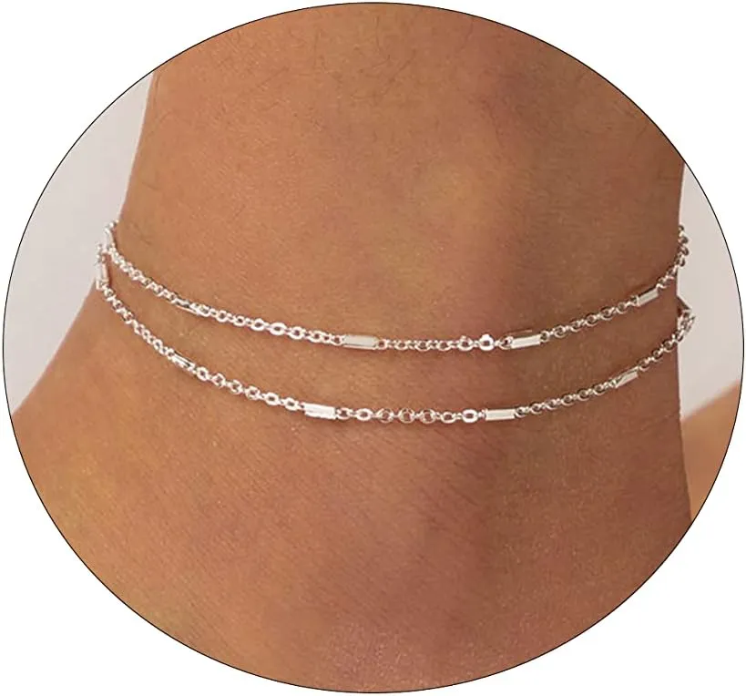 Anklet for Women 14K Gold Plated Ankle Bracelets Silver Anklet Waterproof Pearl Cubic Zirconia Rhinestone Heart Beads Herringbone Cuba Link Chain Anklets Dainty Jewelry