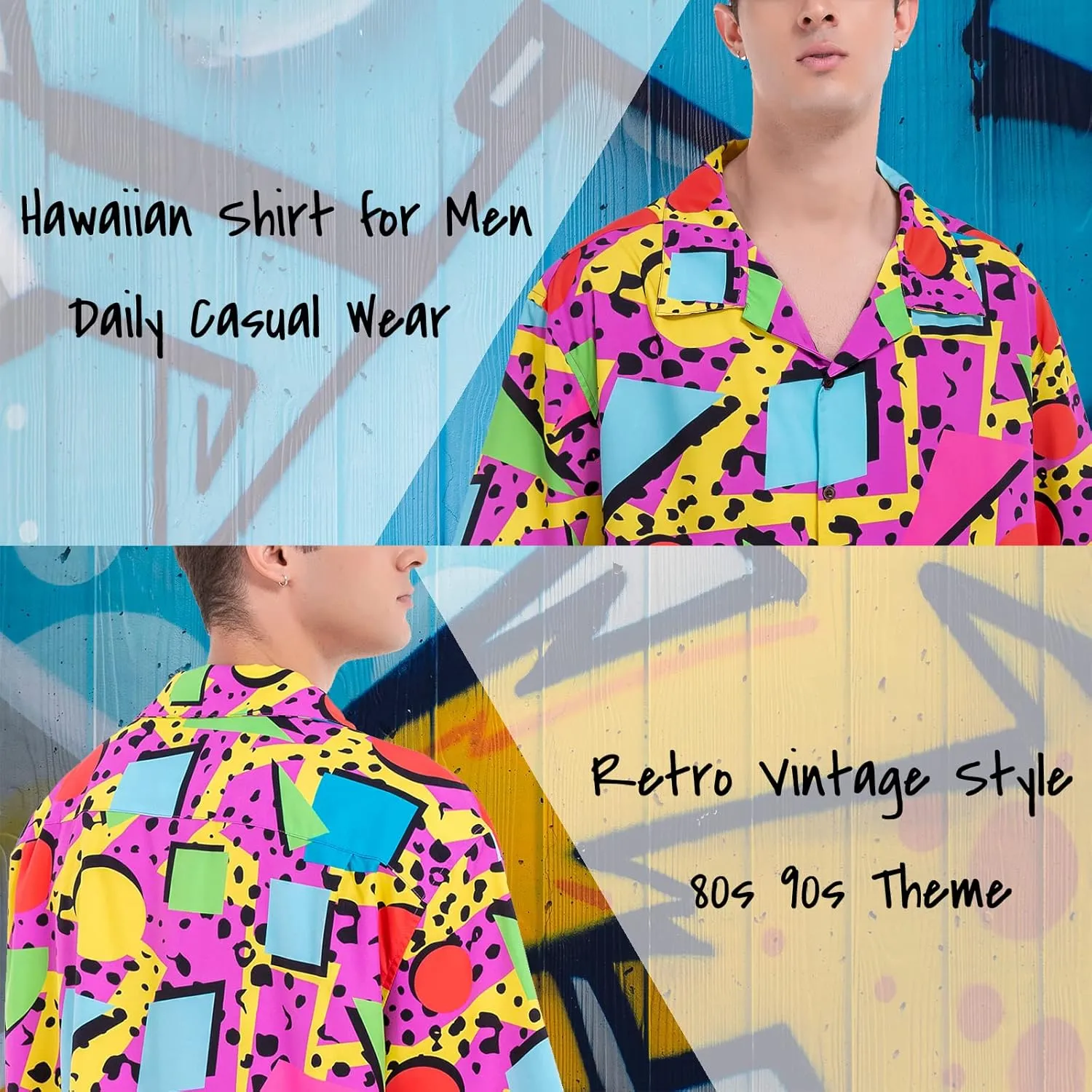 Artsadd 80s 90s Hawaiian Shirt for Men Vintage Button Down Short Sleeve Big and Tall Shirts Funny Party Disco Outfit