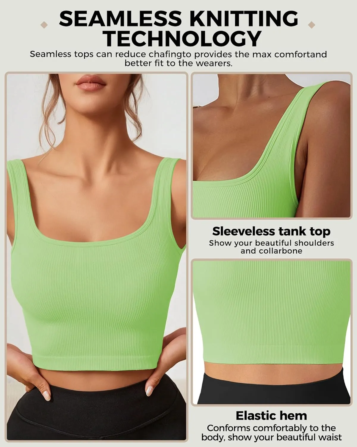 AURUZA Crop Tank Tops for Women, Seamless Workout Tank Tops Woman, U Neck Ribbed Sleeveless Exercise Gym Yoga Crop Tops
