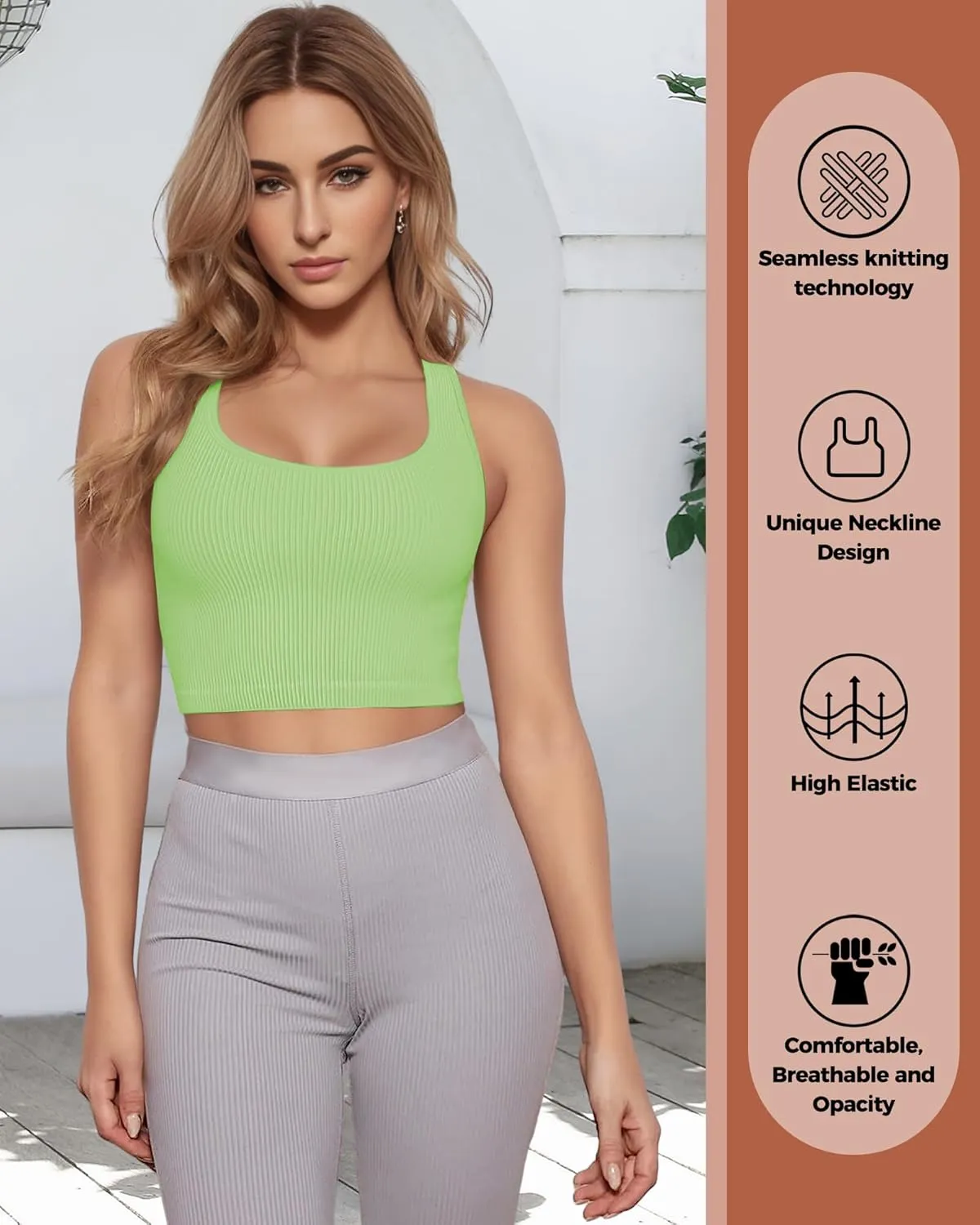 AURUZA Crop Tank Tops for Women, Seamless Workout Tank Tops Woman, U Neck Ribbed Sleeveless Exercise Gym Yoga Crop Tops