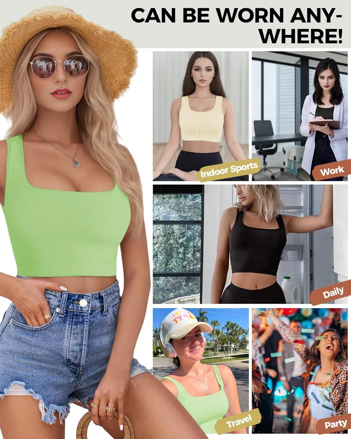 AURUZA Crop Tank Tops for Women, Seamless Workout Tank Tops Woman, U Neck Ribbed Sleeveless Exercise Gym Yoga Crop Tops