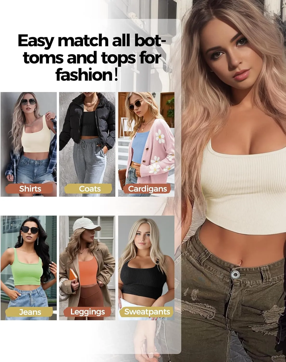 AURUZA Crop Tank Tops for Women, Seamless Workout Tank Tops Woman, U Neck Ribbed Sleeveless Exercise Gym Yoga Crop Tops