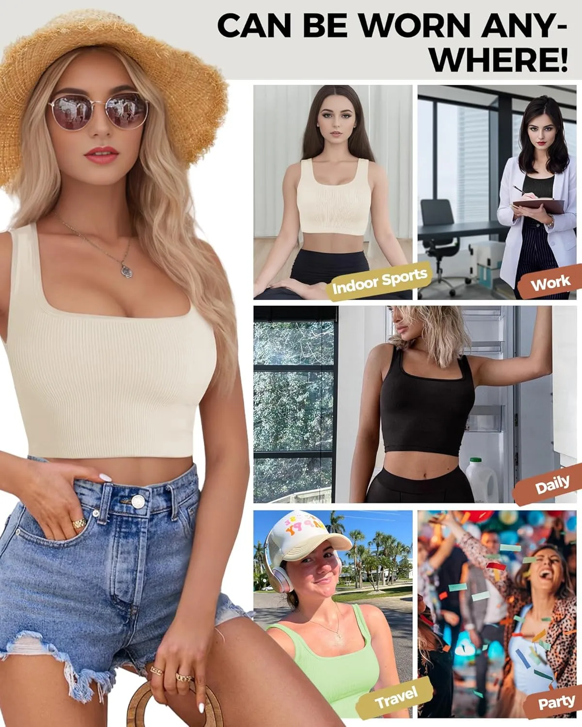 AURUZA Crop Tank Tops for Women, Seamless Workout Tank Tops Woman, U Neck Ribbed Sleeveless Exercise Gym Yoga Crop Tops