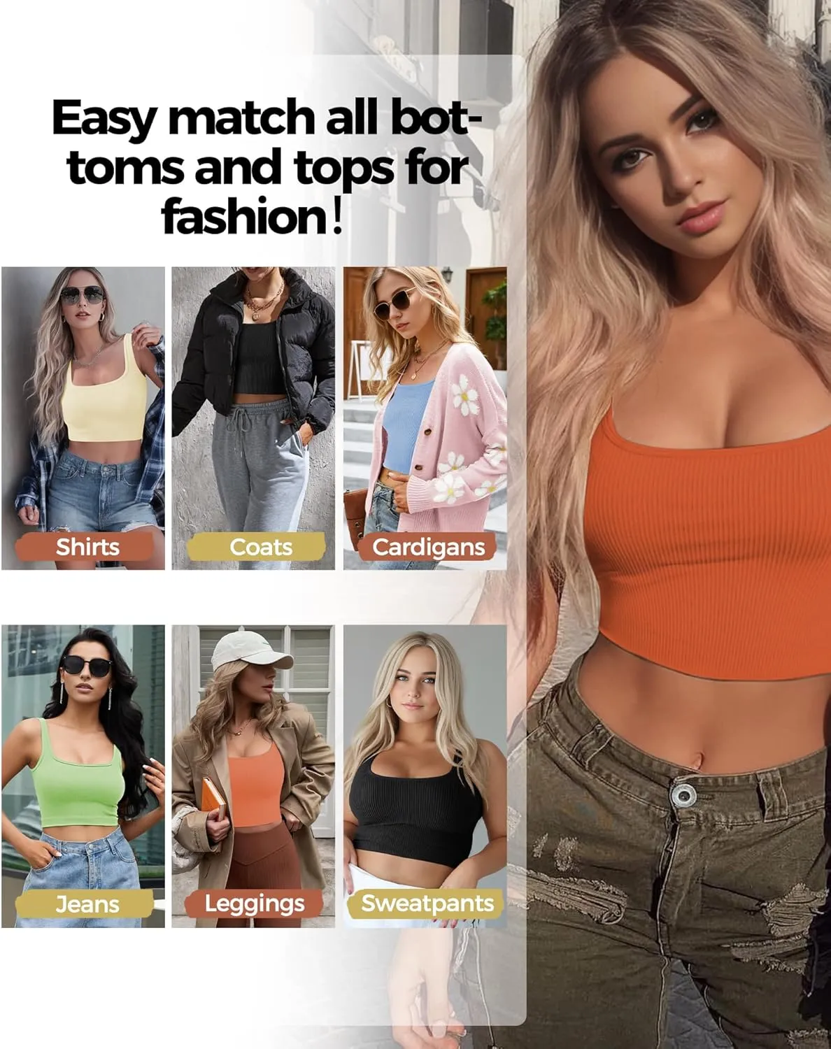 AURUZA Crop Tank Tops for Women, Seamless Workout Tank Tops Woman, U Neck Ribbed Sleeveless Exercise Gym Yoga Crop Tops