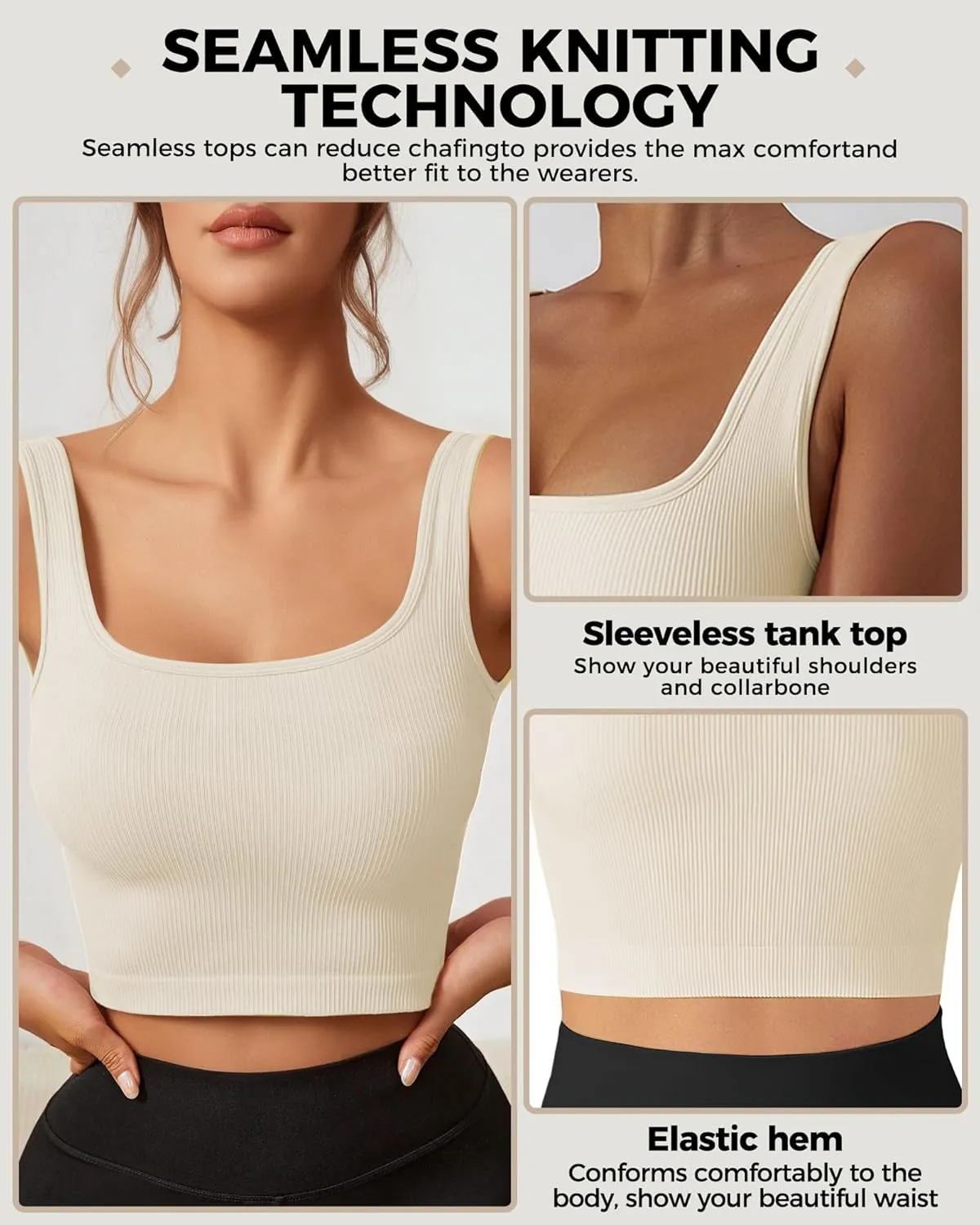 AURUZA Crop Tank Tops for Women, Seamless Workout Tank Tops Woman, U Neck Ribbed Sleeveless Exercise Gym Yoga Crop Tops