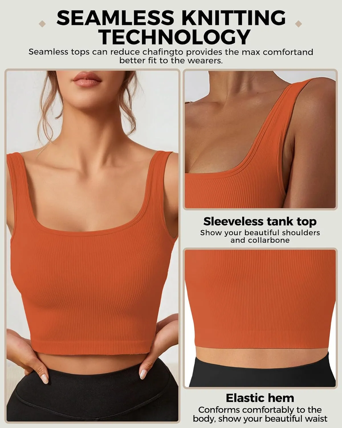 AURUZA Crop Tank Tops for Women, Seamless Workout Tank Tops Woman, U Neck Ribbed Sleeveless Exercise Gym Yoga Crop Tops