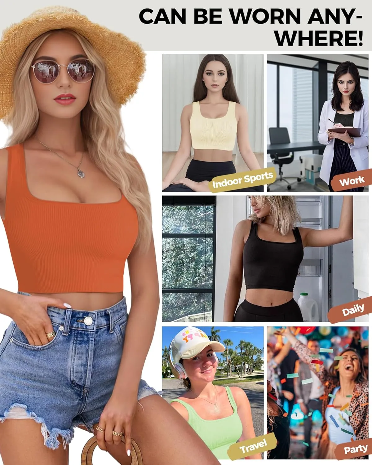AURUZA Crop Tank Tops for Women, Seamless Workout Tank Tops Woman, U Neck Ribbed Sleeveless Exercise Gym Yoga Crop Tops