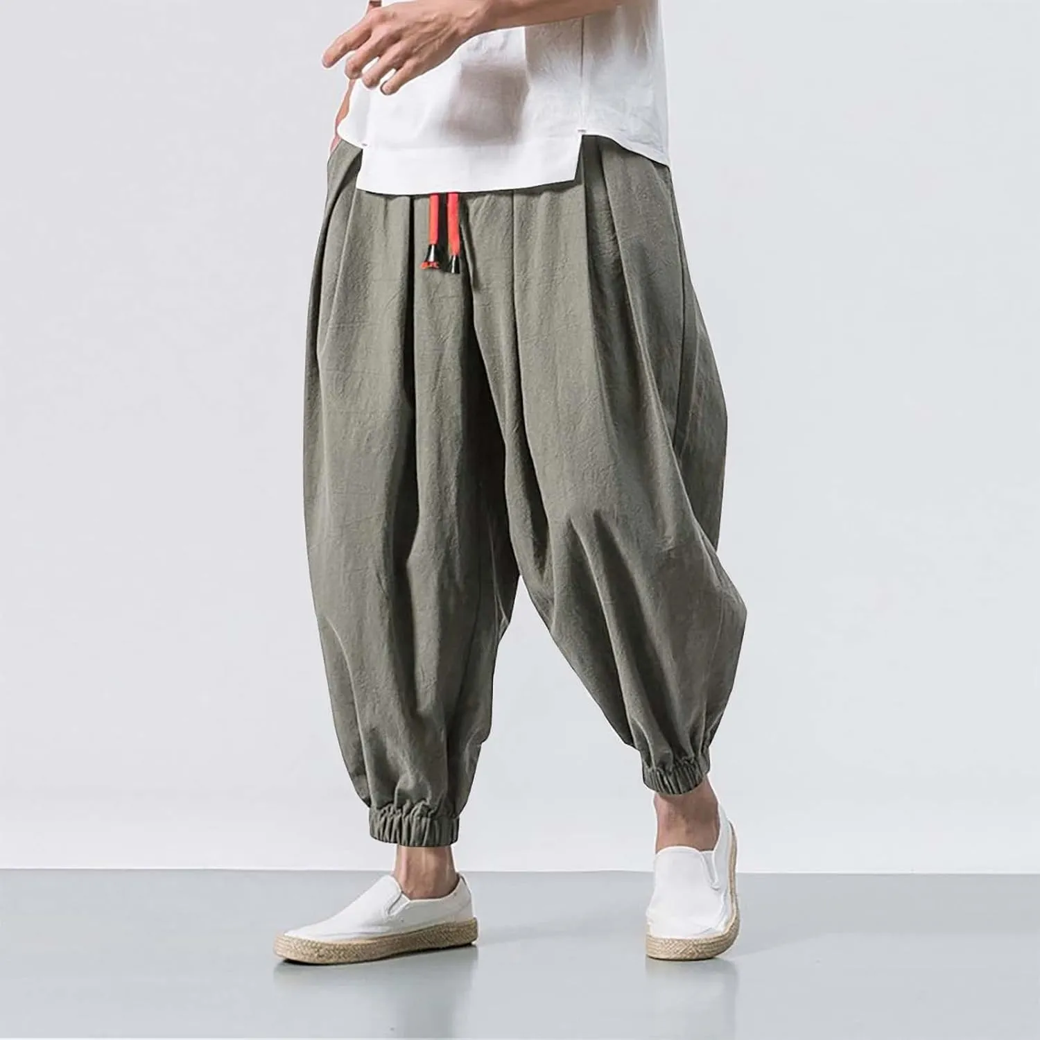 Baggy Pants Men Hip Hop Summer Casual Tapered Harem Pants Hippie Vintage Drawstring Breathable Plus Size Drop Crotch Trousers