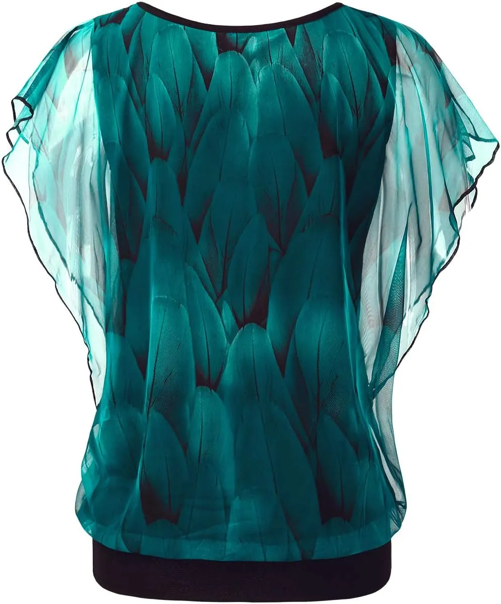 BAISHENGGT Womens Summer Tops Flutter Short Sleeve Pleated Front Mesh Shirts Dressy Casual Blouses