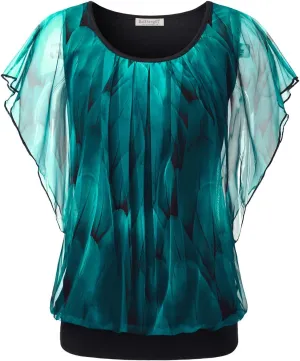 BAISHENGGT Womens Summer Tops Flutter Short Sleeve Pleated Front Mesh Shirts Dressy Casual Blouses