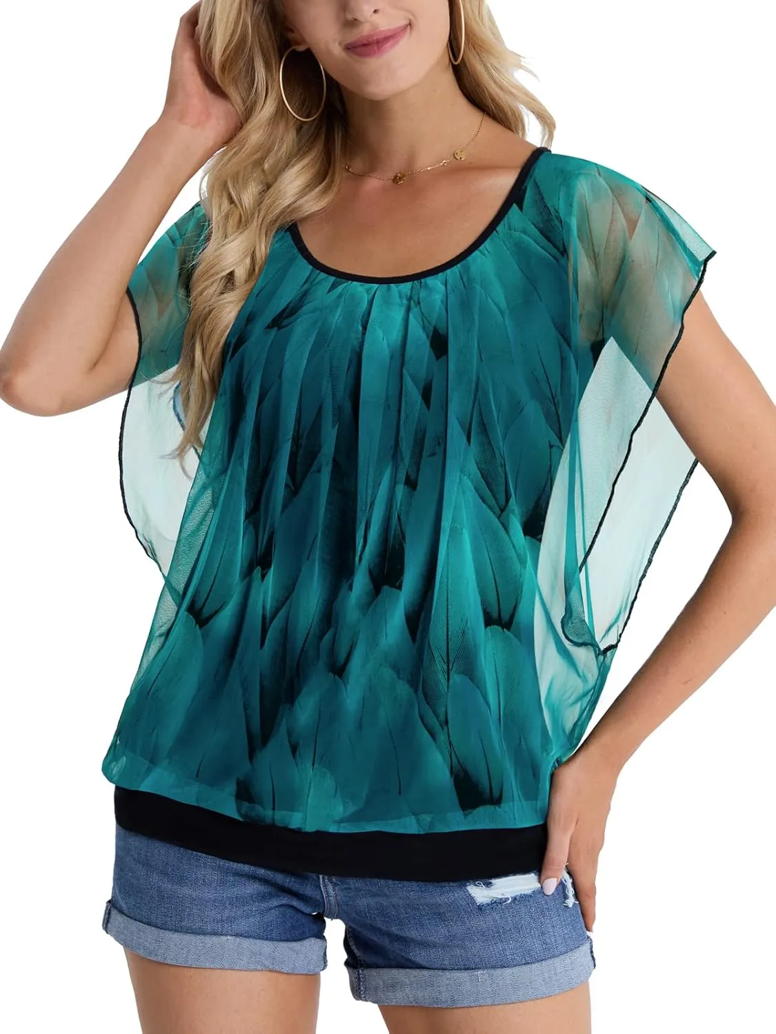 BAISHENGGT Womens Summer Tops Flutter Short Sleeve Pleated Front Mesh Shirts Dressy Casual Blouses