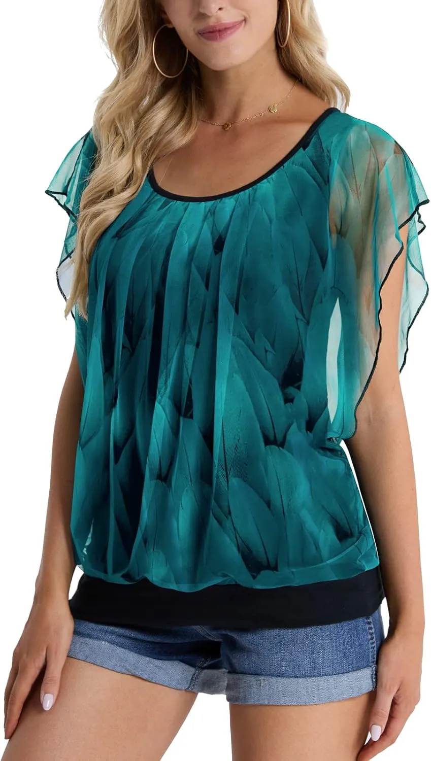 BAISHENGGT Womens Summer Tops Flutter Short Sleeve Pleated Front Mesh Shirts Dressy Casual Blouses