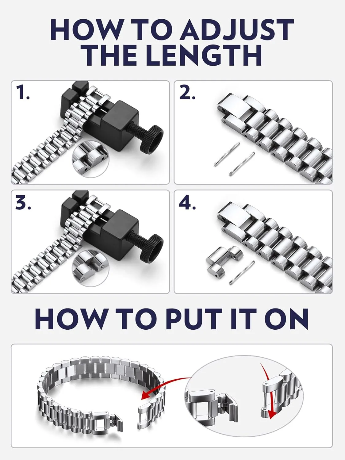 Bandmax Stainless Steel Watch Strap Link Chain Bracelets 10MM/15MM Waterproof Chic Chunky Fake Watch Hand Chain Wristbands Gift for Men Women, Custom Available