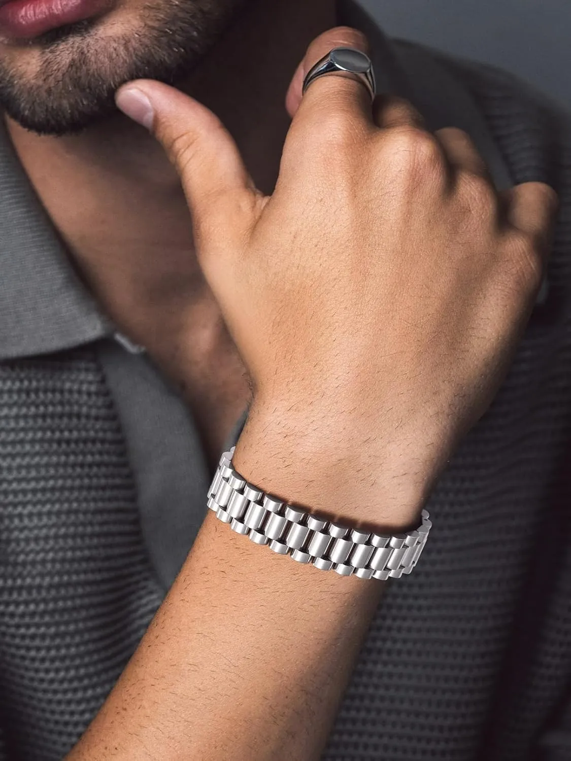 Bandmax Stainless Steel Watch Strap Link Chain Bracelets 10MM/15MM Waterproof Chic Chunky Fake Watch Hand Chain Wristbands Gift for Men Women, Custom Available